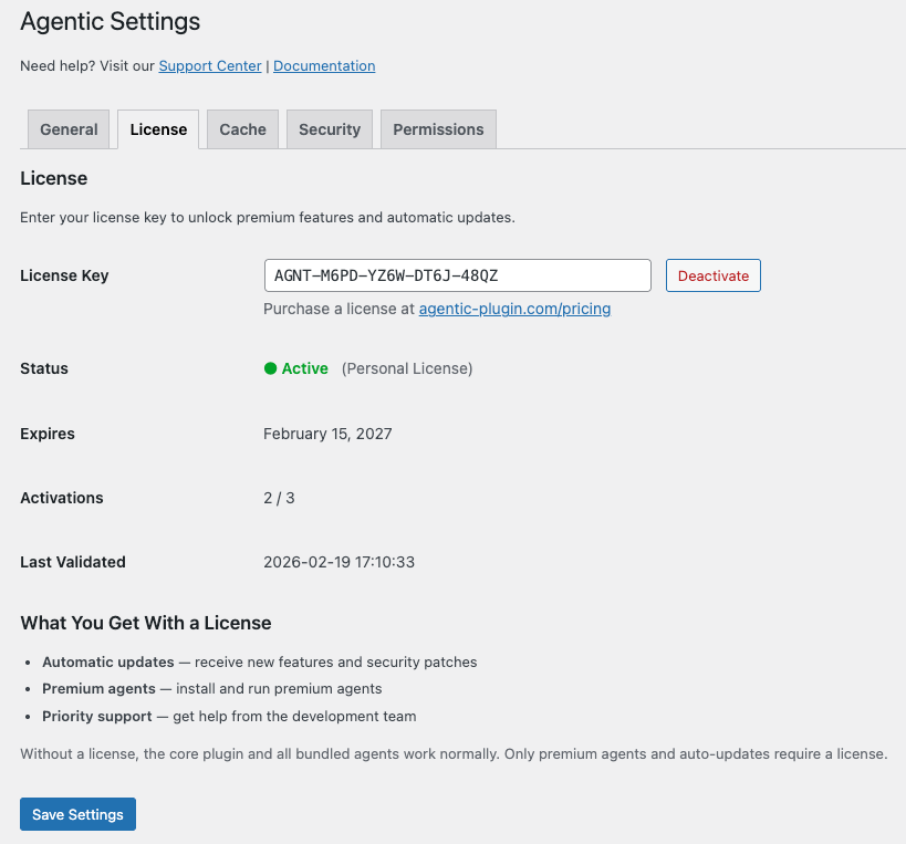 Activate License screen in Agentic Settings