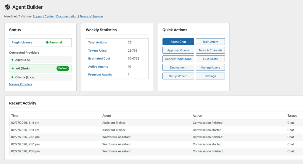 The Agent Builder dashboard — the best free AI plugin suite for WordPress in 2026