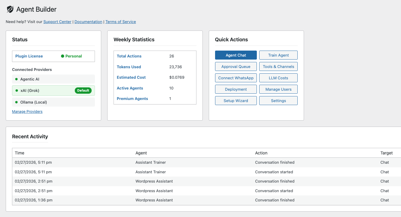 Screenshot of the Agent Builder WordPress Plugin Dashboard