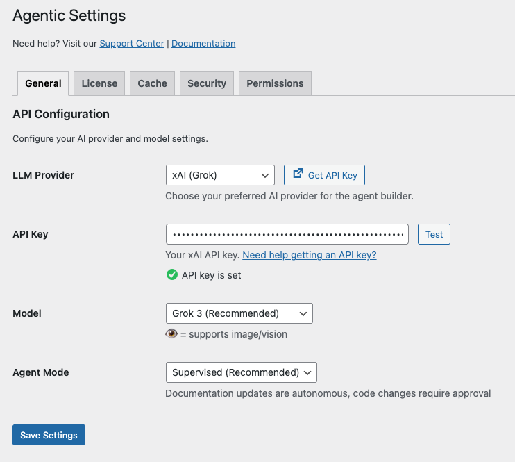 AI Provider settings screen in Agent Builder – select your provider and enter your API key