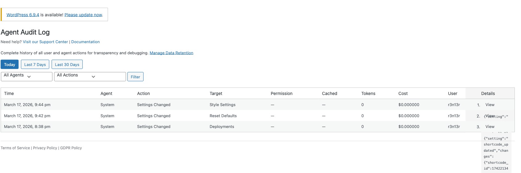 Agent Builder Audit Log showing a history of all agent actions and events