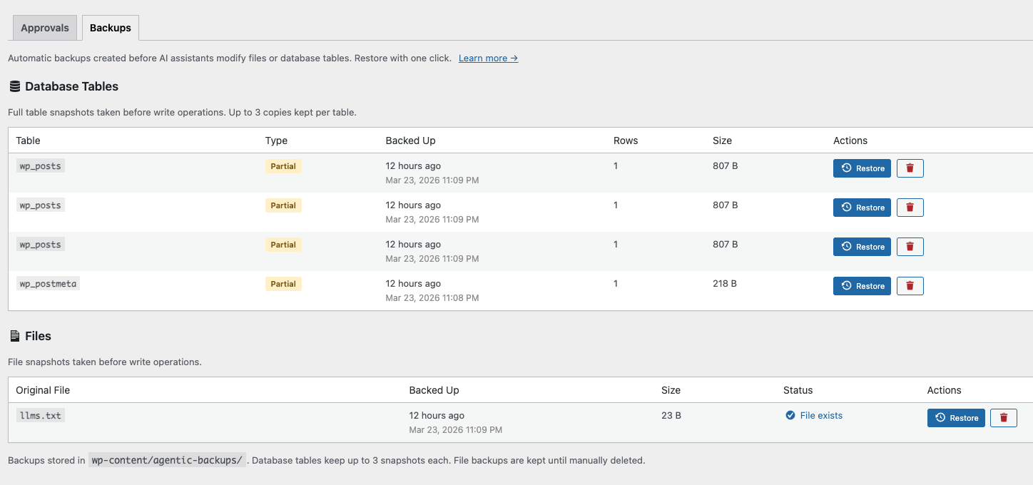 Agent Builder backups tab showing database and file backups