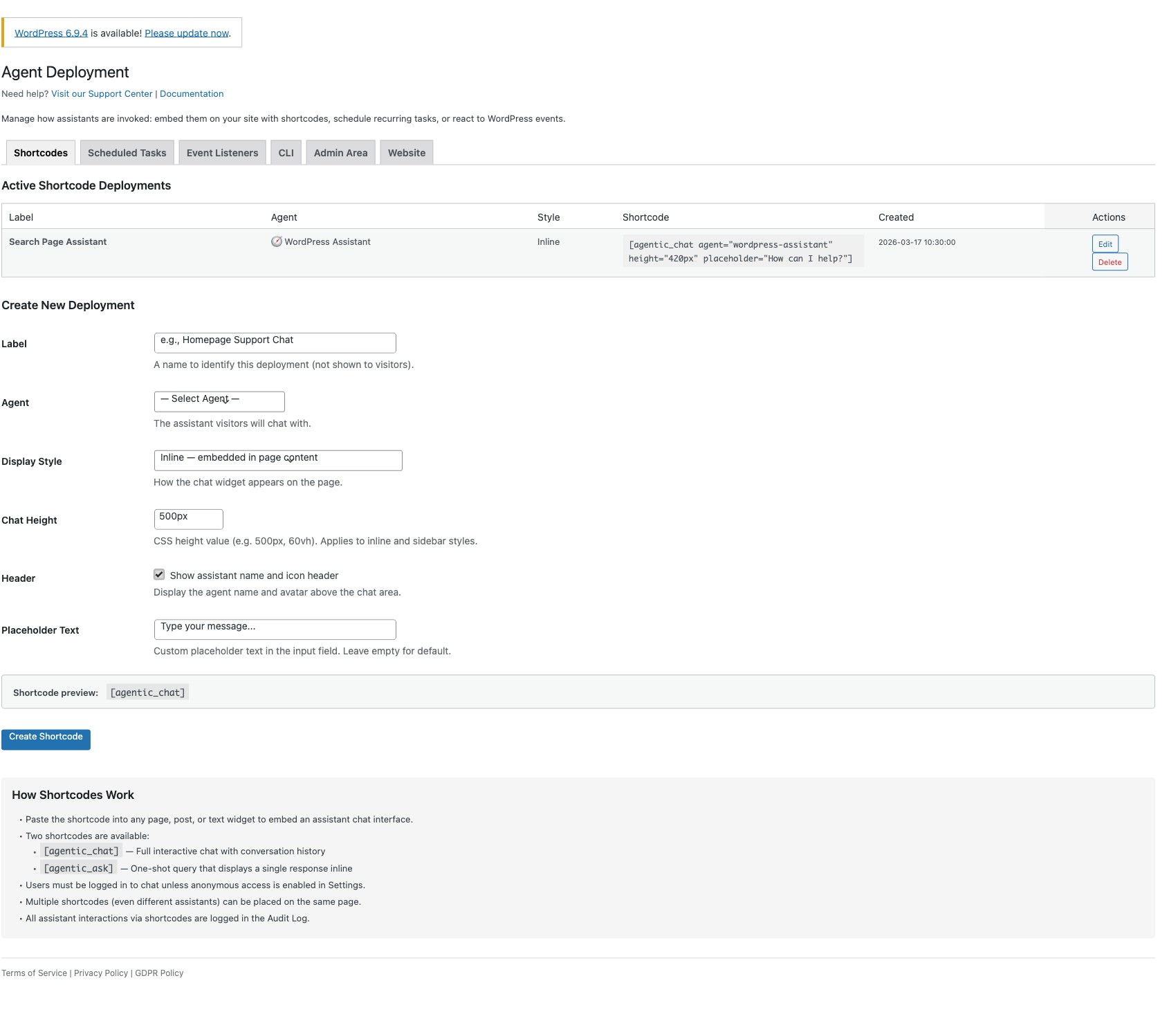 Agent Builder Deploy Agents screen showing shortcode options and embedding configuration