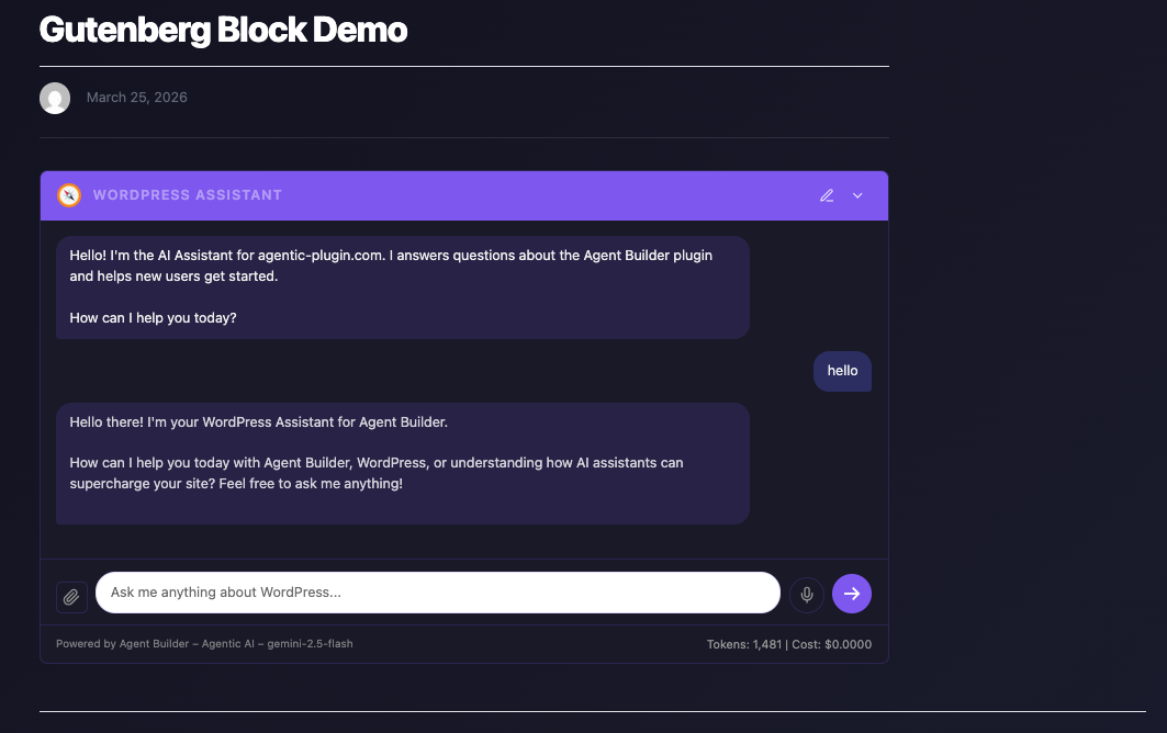 Published WordPress Assistant Gutenberg block rendered on the frontend with dark theme showing a live AI chat conversation