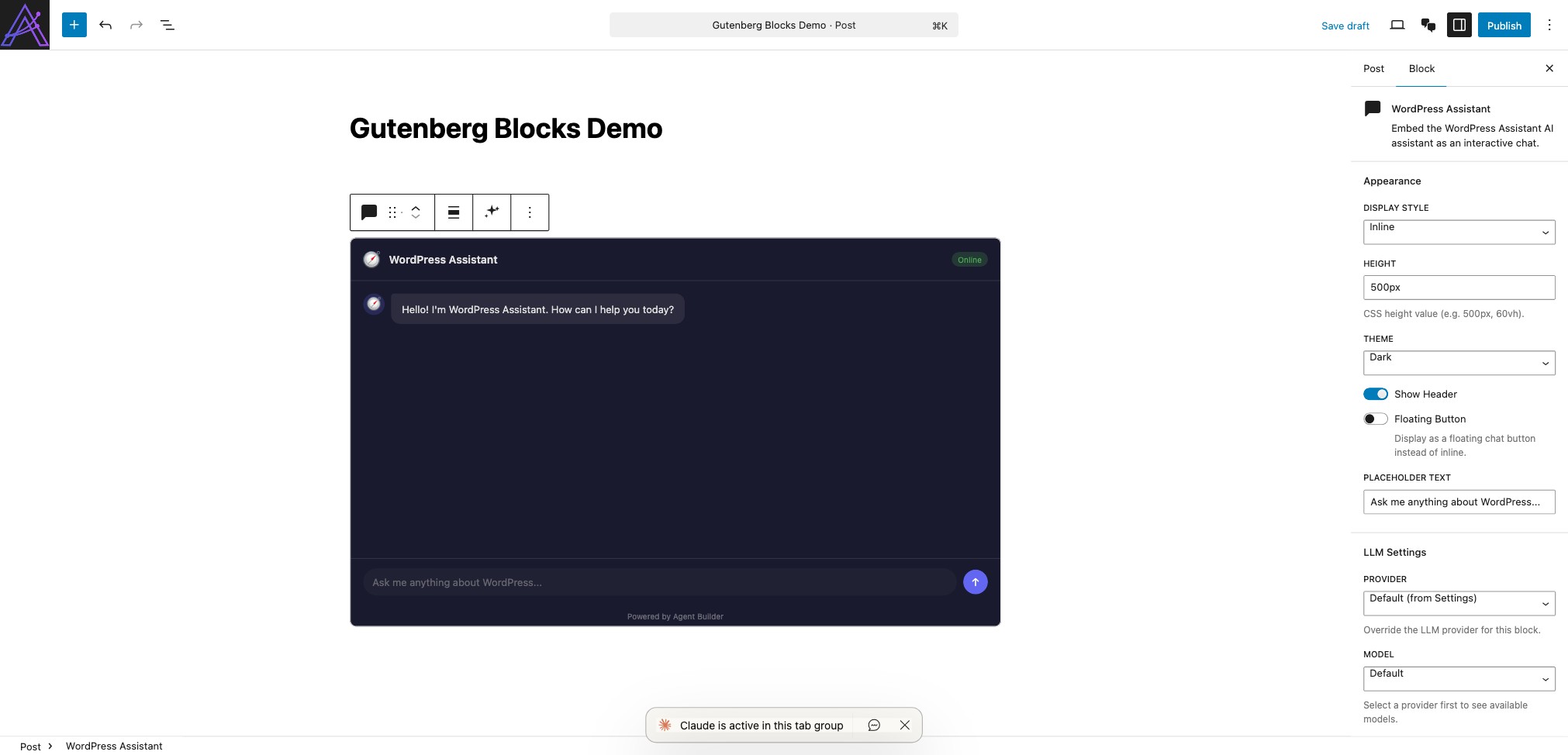 Gutenberg block sidebar settings showing appearance controls, height, theme, placeholder text, and LLM provider overrides