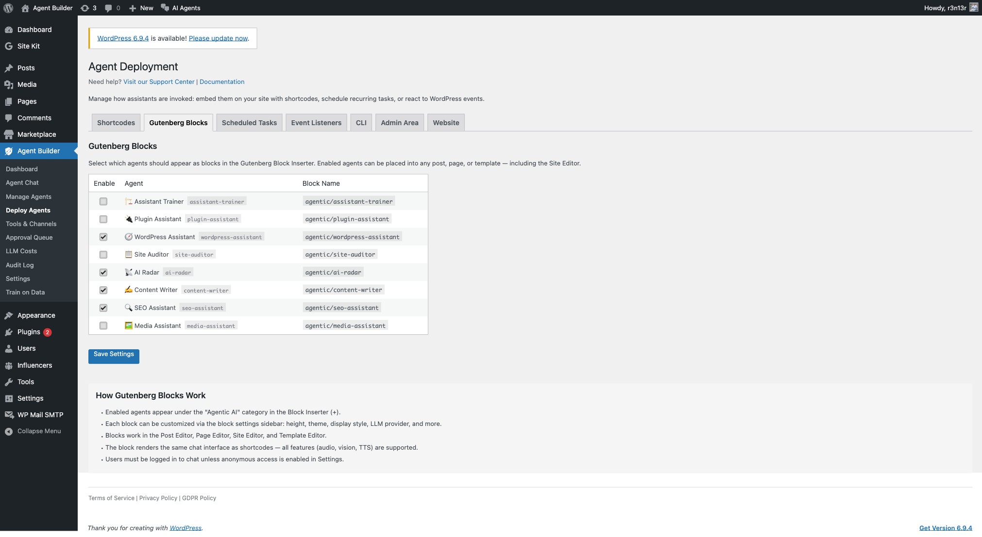 Agent Deployment Gutenberg Blocks tab showing a list of agents with checkboxes to enable them as Gutenberg blocks