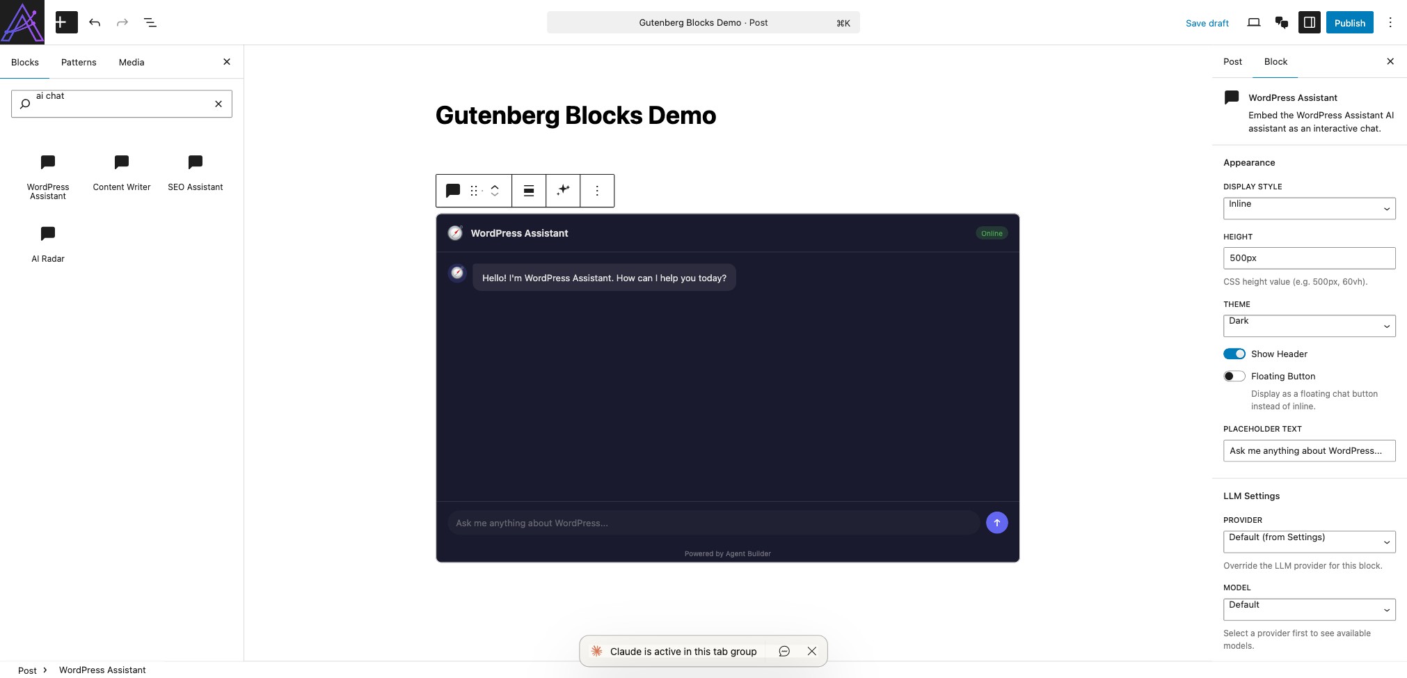 Block editor showing Agentic AI blocks in the inserter panel, a live chat preview with dark theme, and sidebar settings
