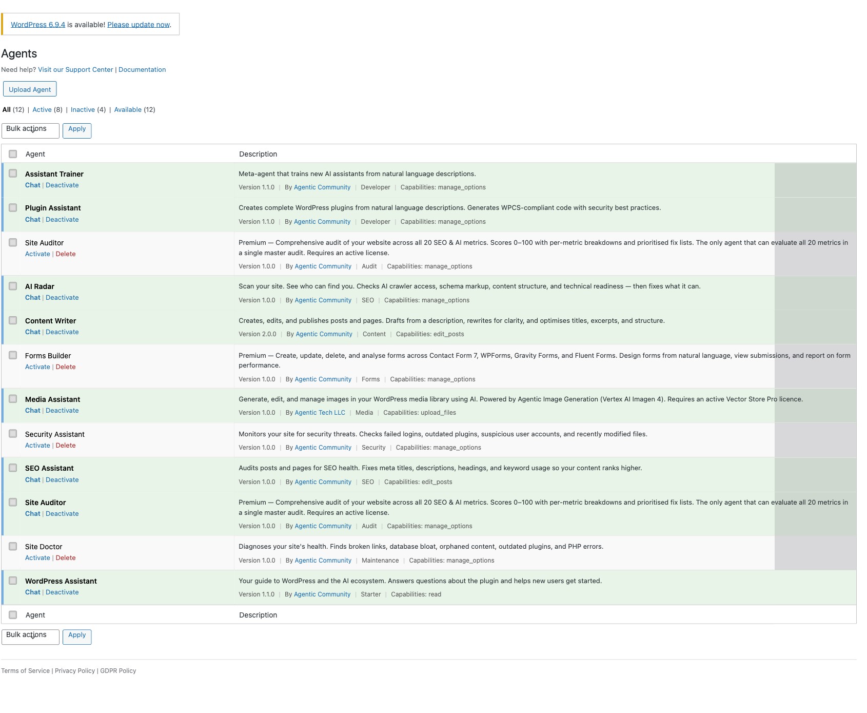 Agent Builder Manage Agents screen showing list of installed AI assistants