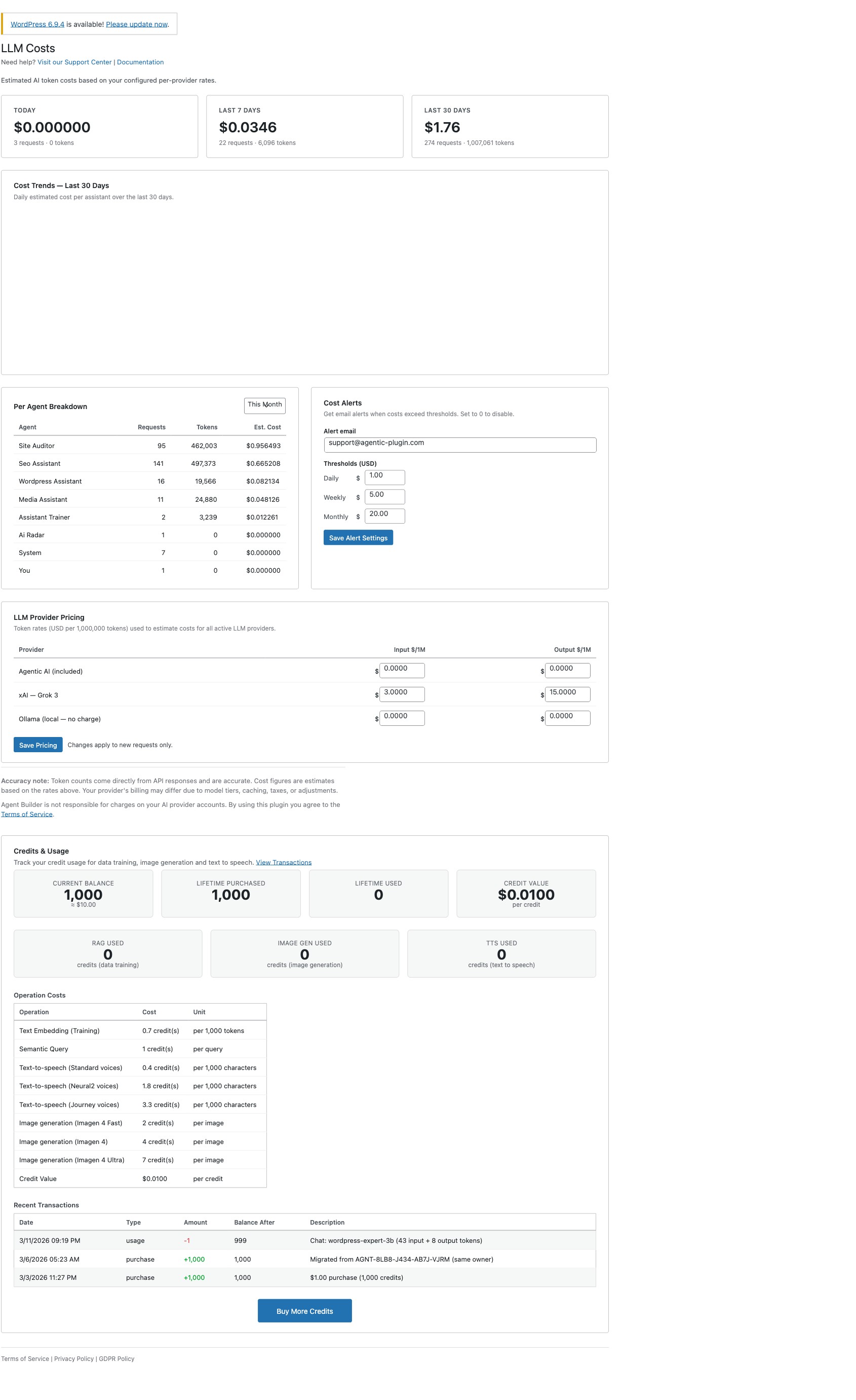Agent Builder LLM Costs screen showing token usage and estimated costs per agent and provider