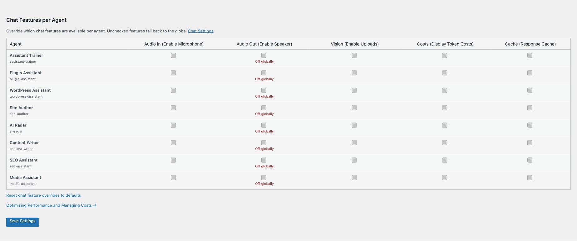 Chat Feature Overrides table showing per-agent audio, vision, costs, and cache toggles