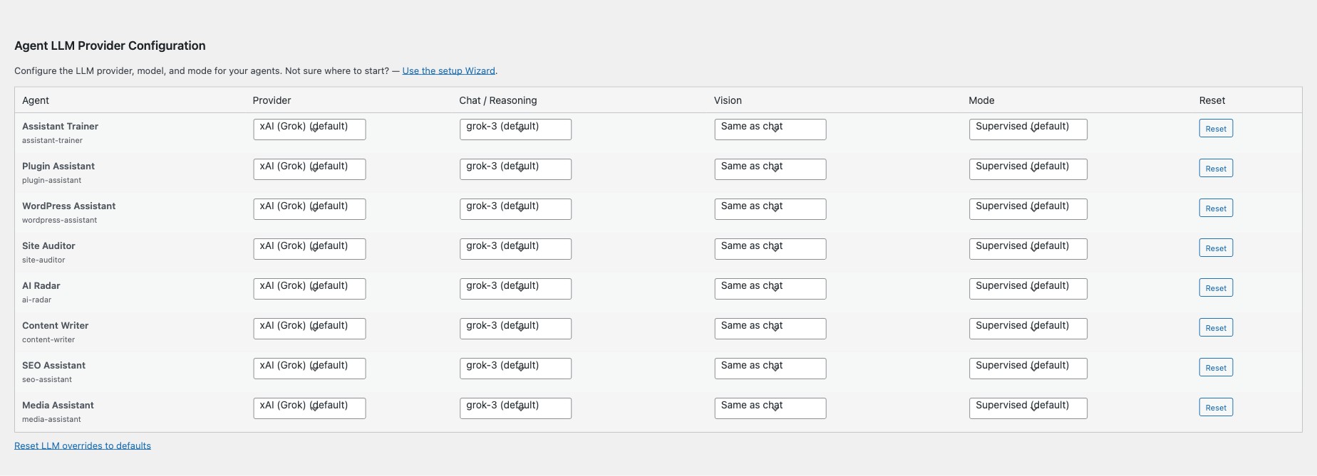 LLM Provider Overrides table showing per-agent provider, model, vision, and mode settings