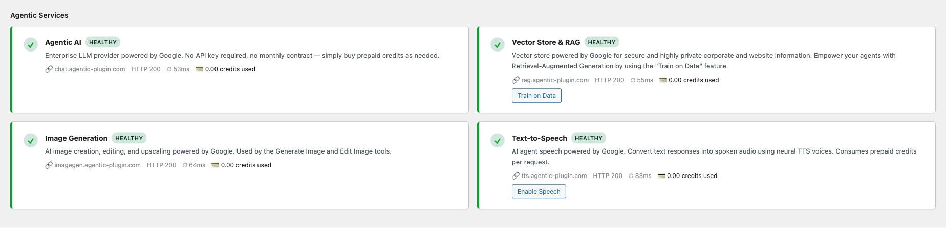 Agentic Services status cards showing health checks for AI, Vector Store, Image Gen, and TTS