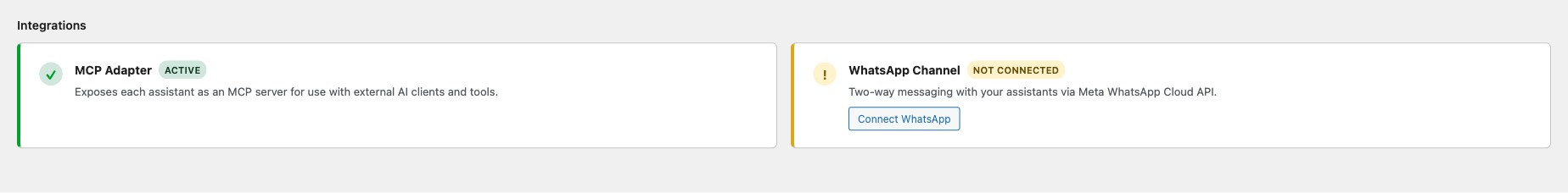 Integrations section showing MCP Adapter and WhatsApp Channel connection status