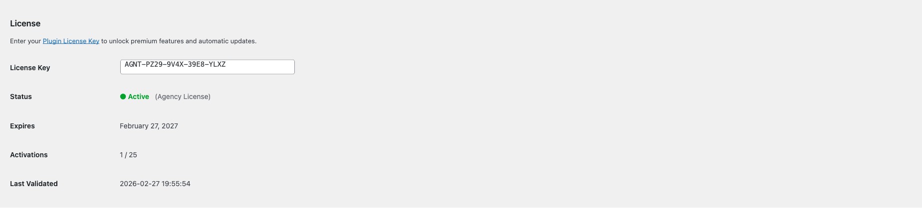 License key entry field and activation status showing license type, expiry, and validation