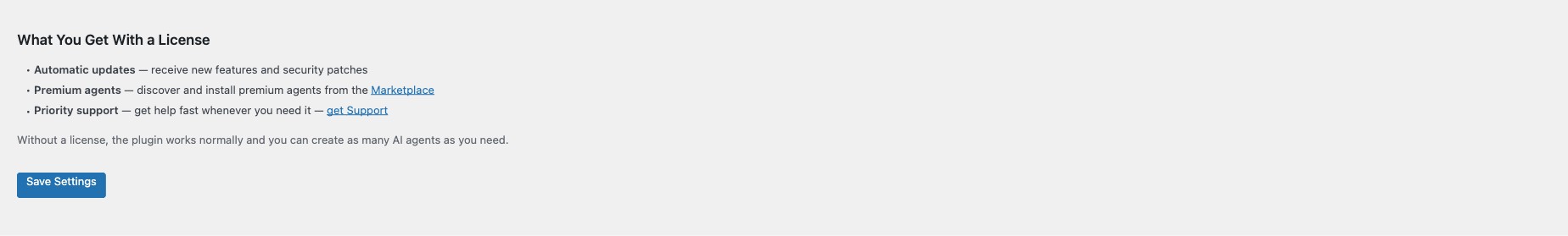 License features list showing Marketplace, WhatsApp, Vector Store, MCP, white-label, and more