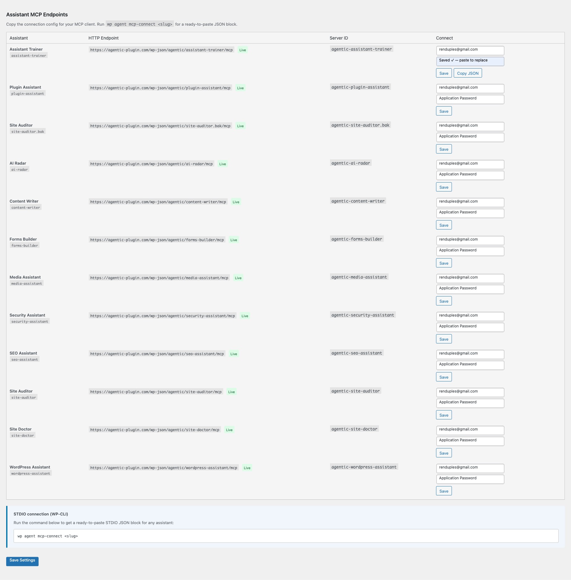 Assistant MCP Endpoints table showing per-assistant connection credentials and JSON config