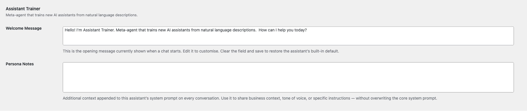 Persona configuration showing welcome message and persona notes text fields for an assistant