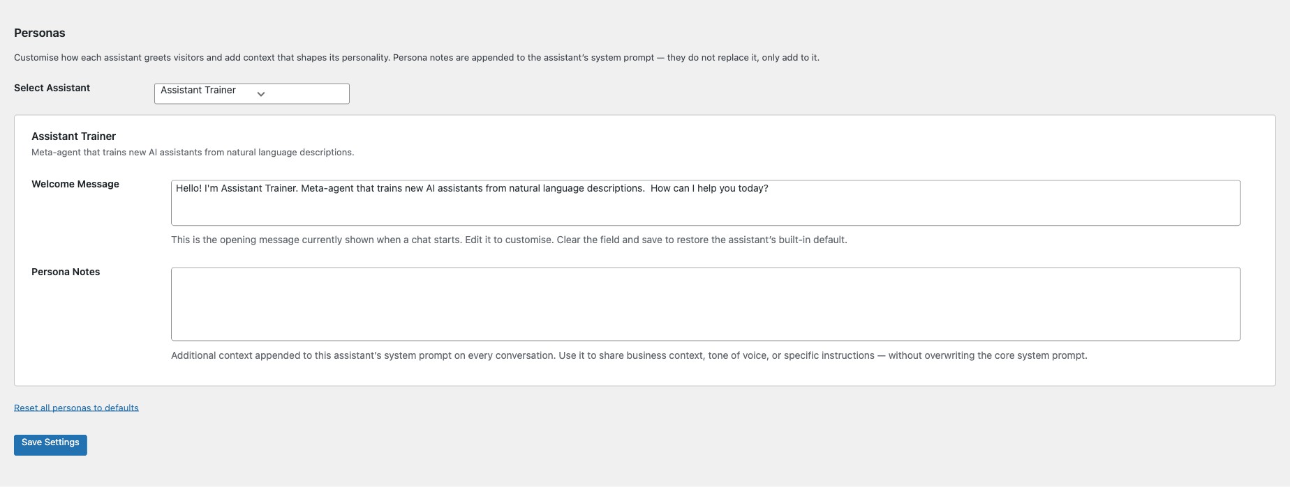 Personas assistant selector dropdown for choosing which assistant to configure