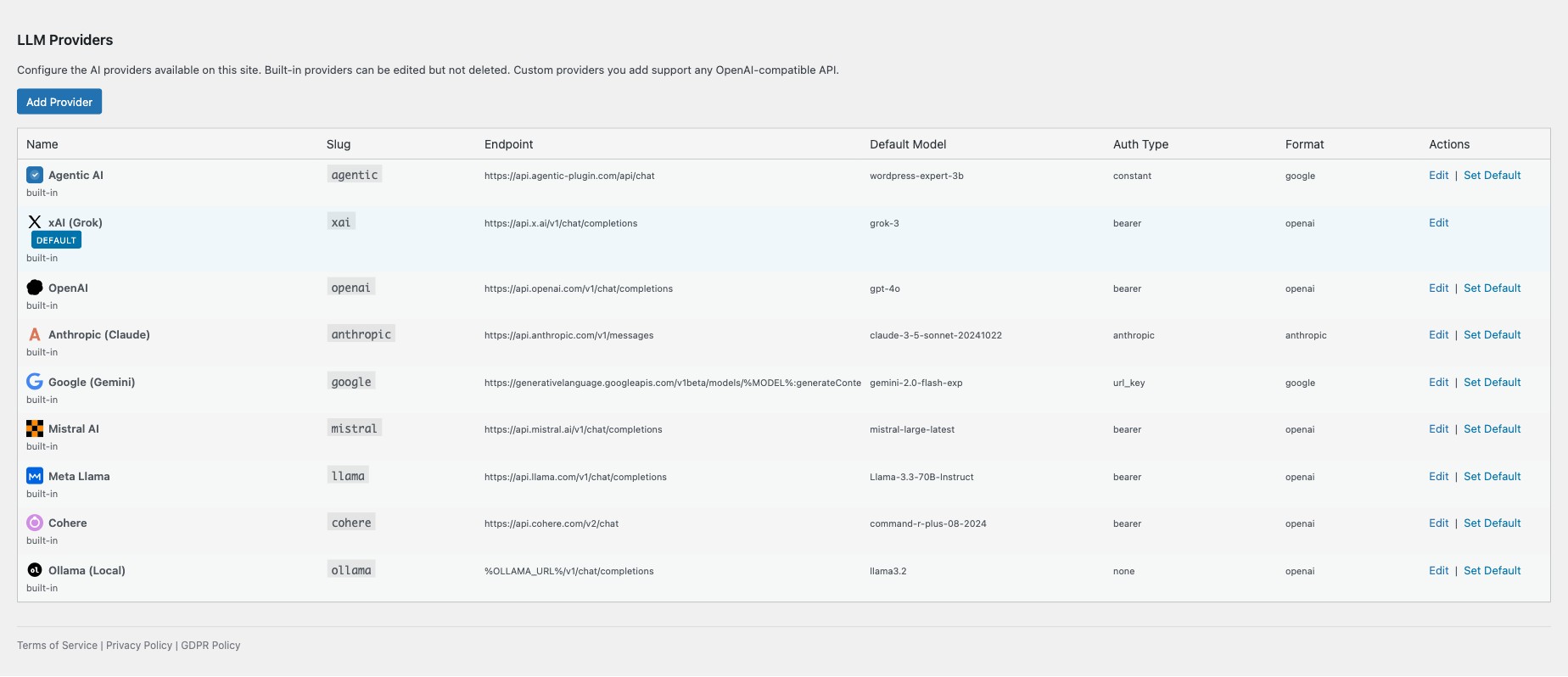 LLM Providers list showing supported providers with API key and endpoint configuration