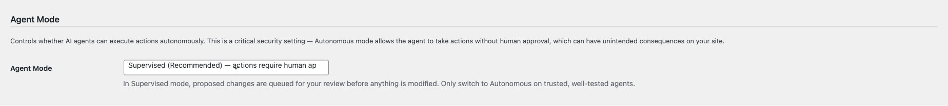 Agent Mode selector showing Supervised, Autonomous, and Disabled options