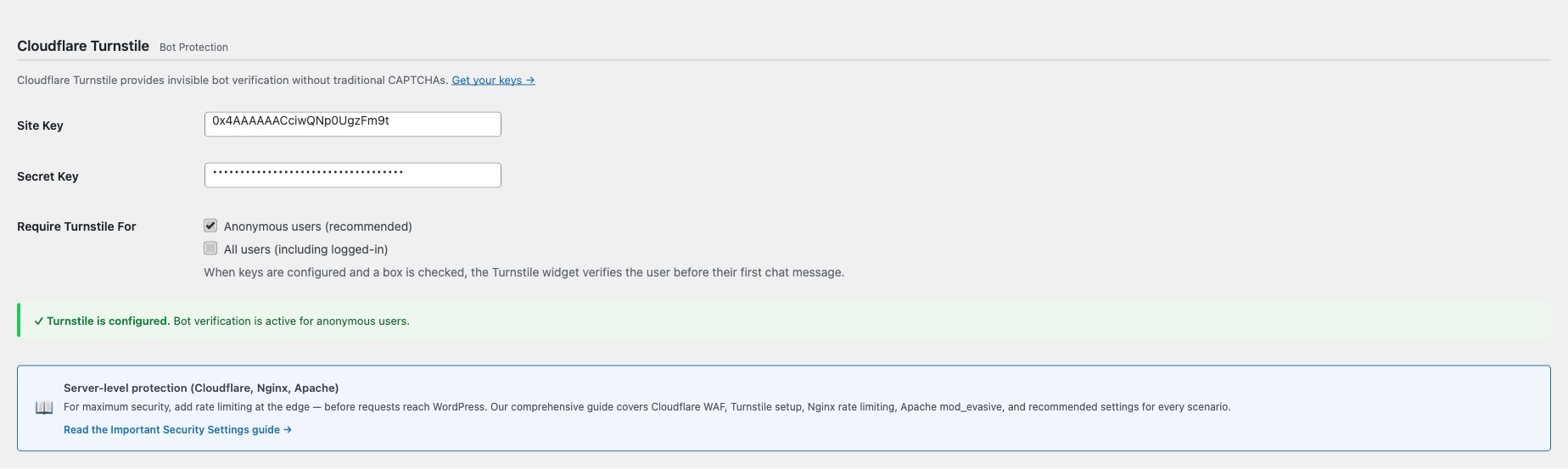 Cloudflare Turnstile configuration with site key, secret key, and verification scope settings