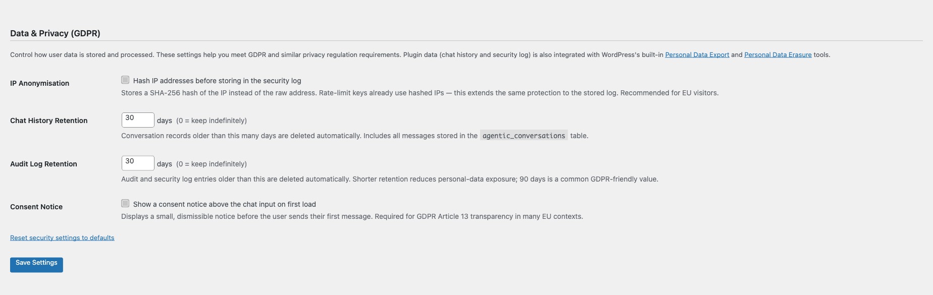 Data and Privacy GDPR settings showing IP anonymisation, retention periods, and consent notice