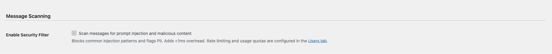 Message Scanning toggle for prompt injection and malicious content detection