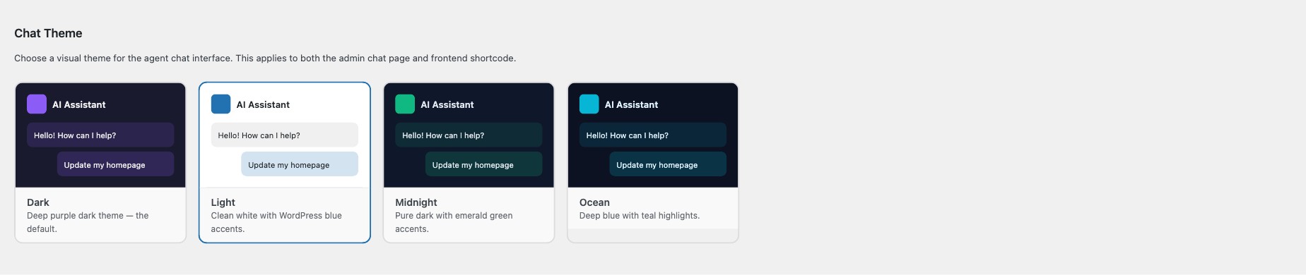 Chat Theme selector showing Dark, Light, Midnight, and Ocean theme options