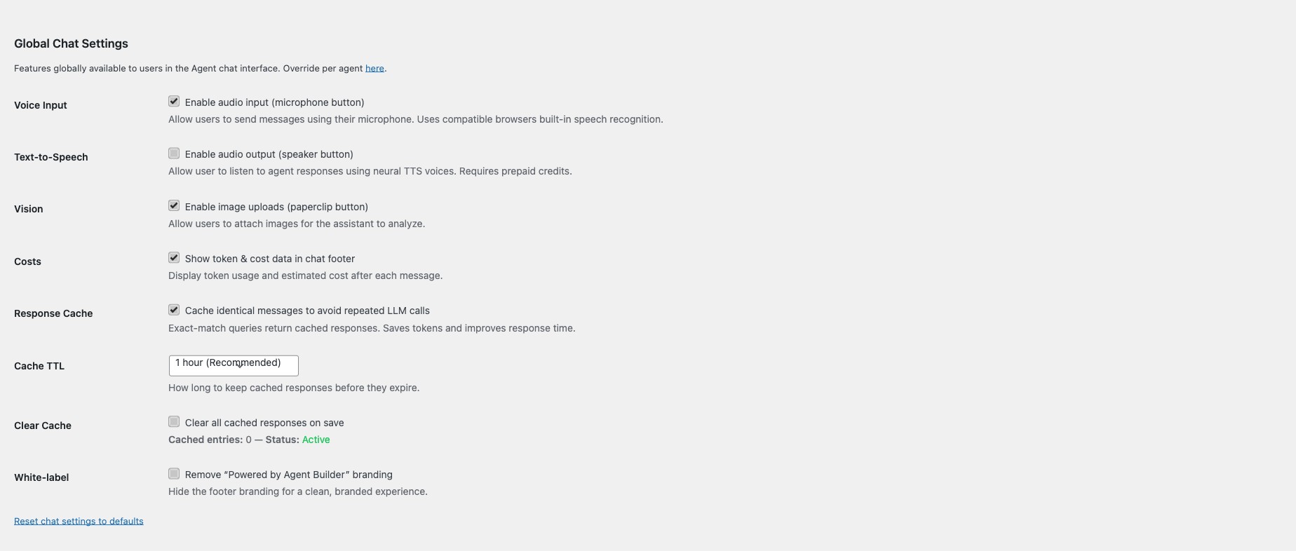 Global Chat Settings showing toggles for voice input, TTS, vision, costs, cache, and white-label