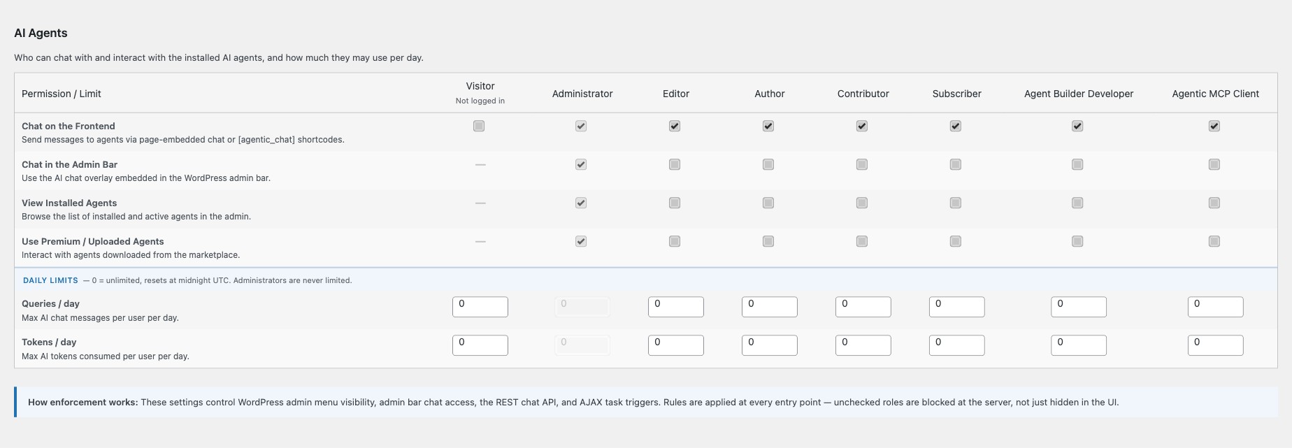 AI Agent Access settings showing chat frontend, chat admin, anonymous access, and daily usage limits
