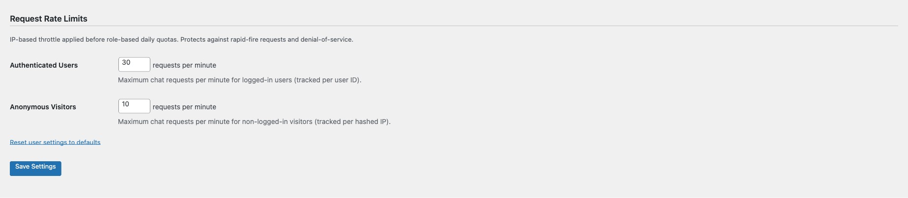 Request Rate Limits showing per-minute throttling for authenticated and anonymous users