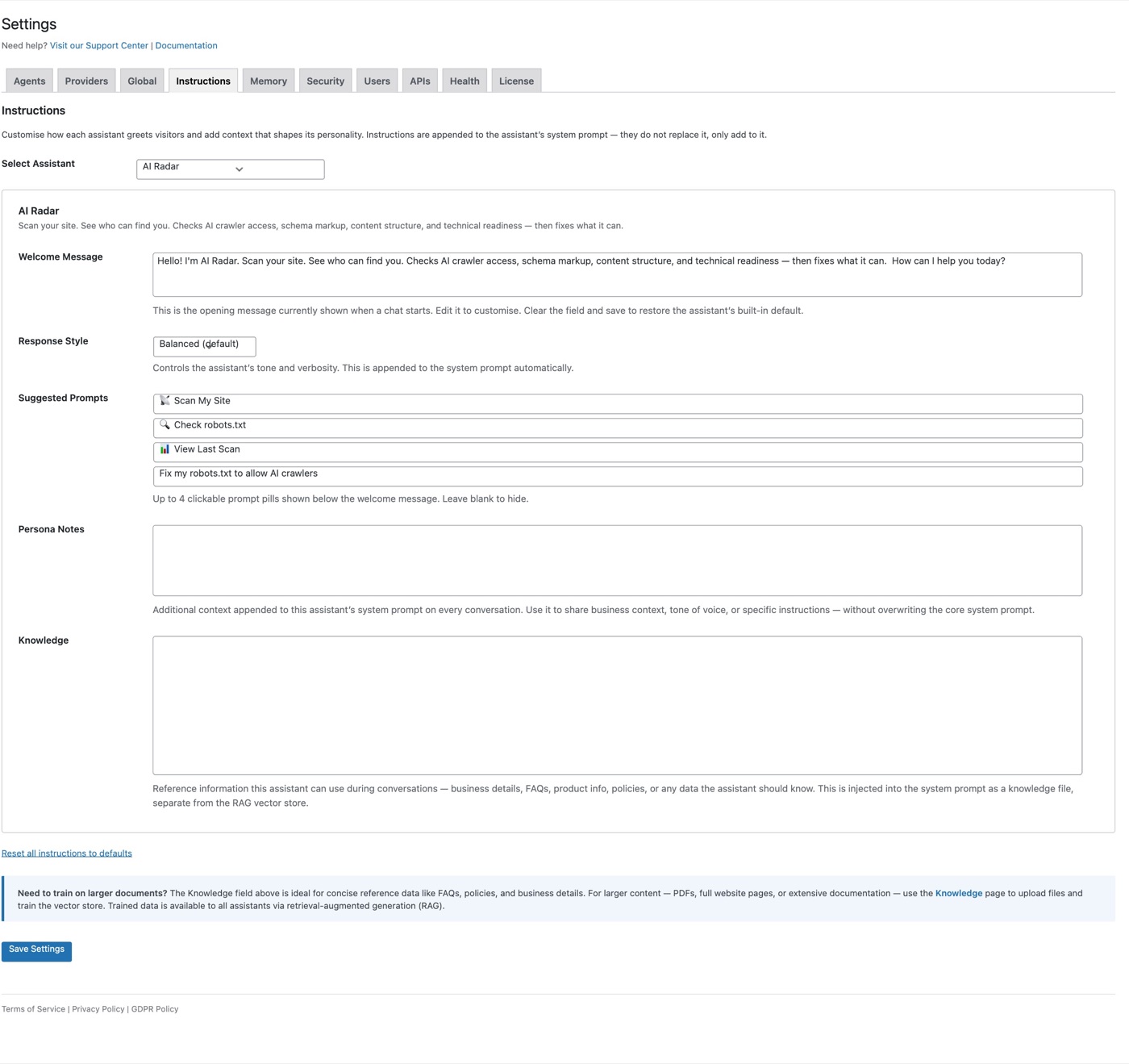 Settings Instructions tab