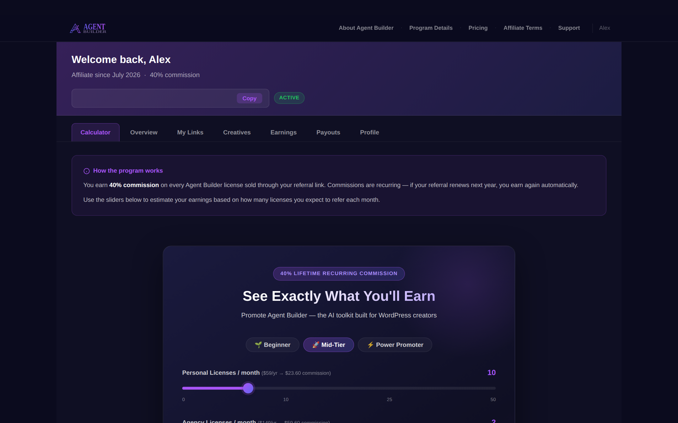 Affiliate dashboard — earnings calculator with 40 percent lifetime recurring commission