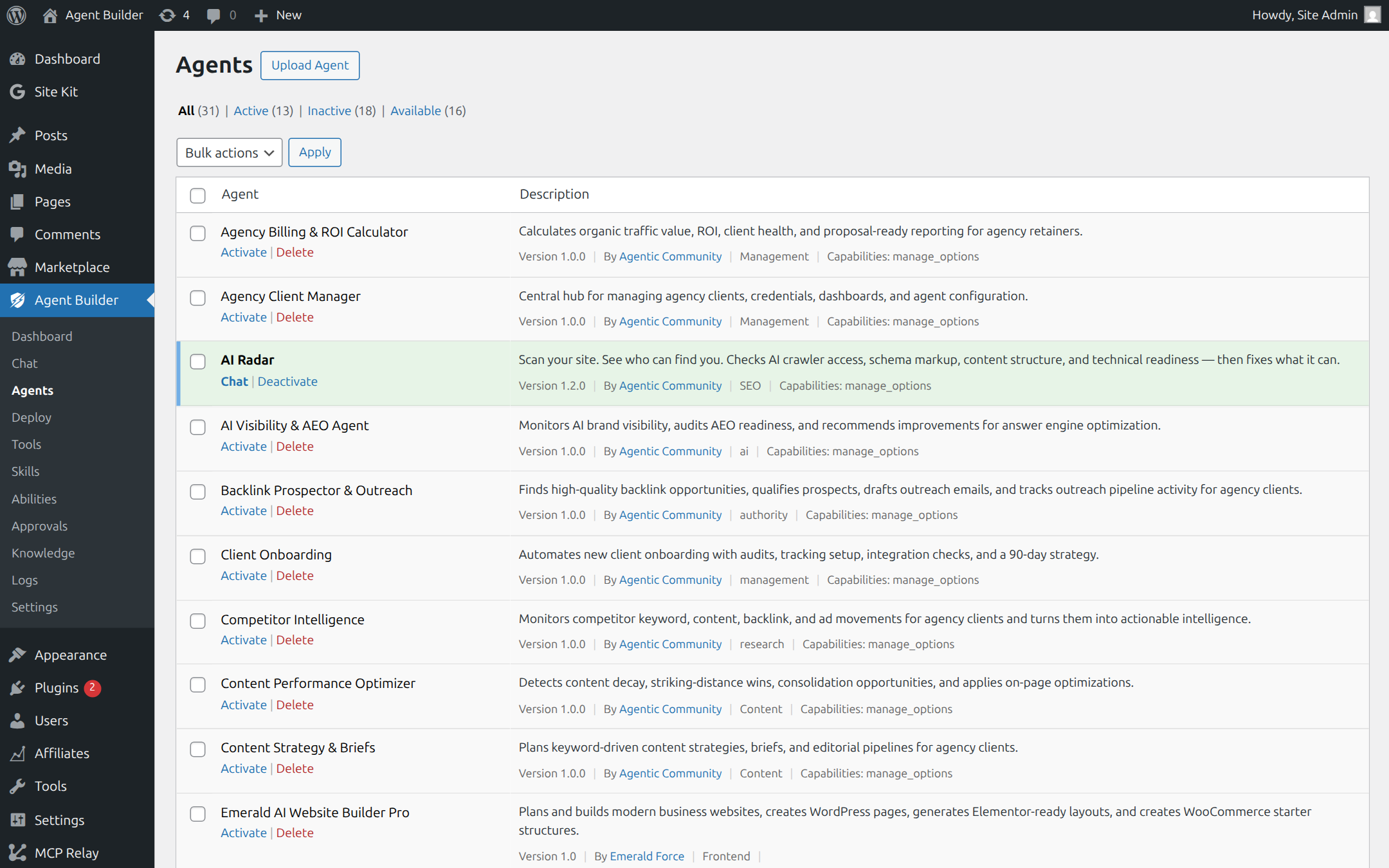 AI agents in the Agent Builder grid, each with its own role and tools — unlike traditional plugins