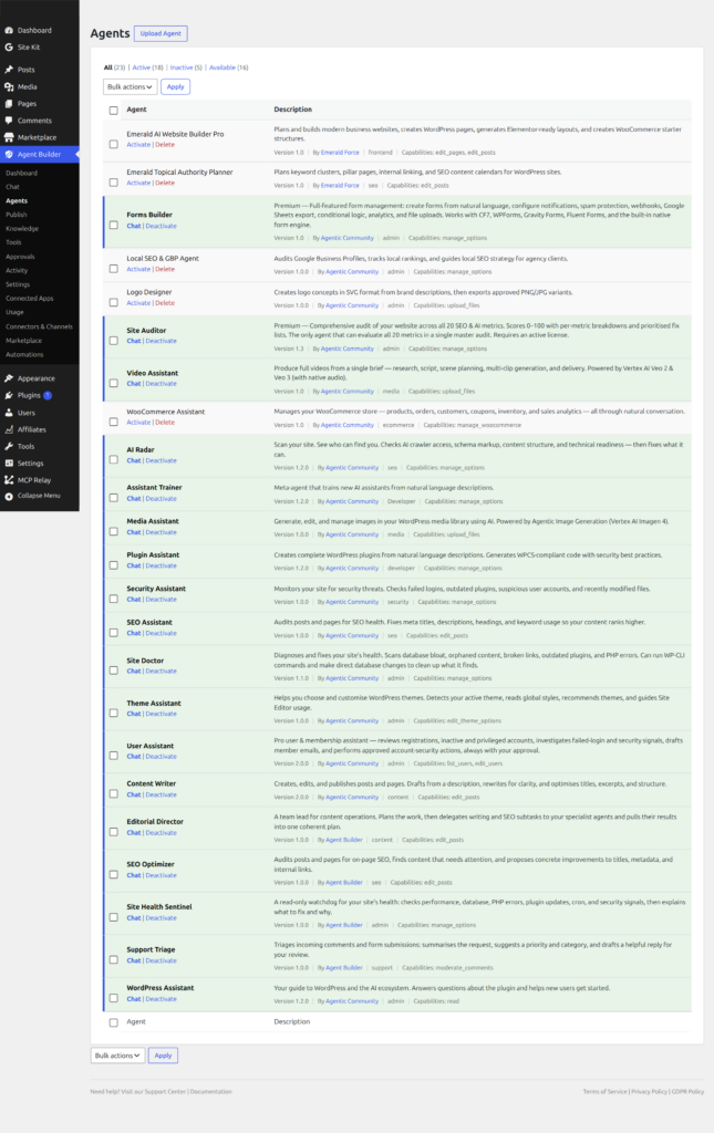 Agent Builder Manage Agents screen showing all bundled AI assistants