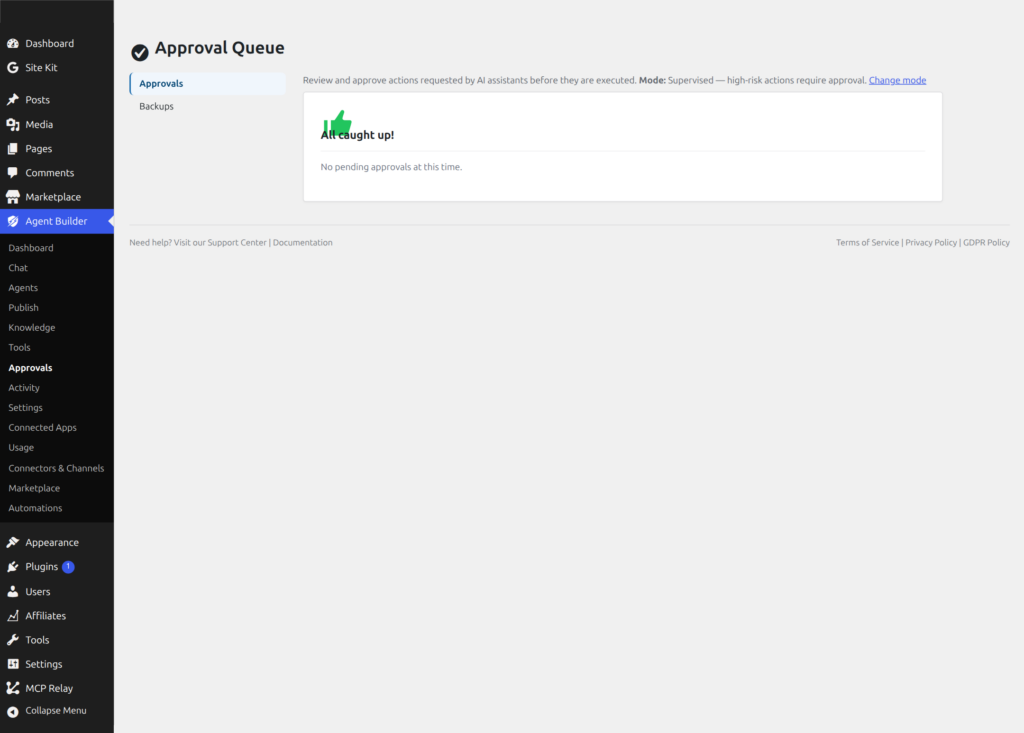 Agent Builder Approval Queue showing pending actions awaiting admin review