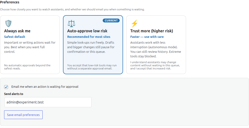 Approvals preferences: Always ask me, Auto-approve low risk, Trust more, and email alerts