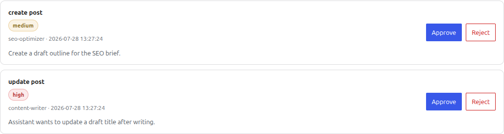 Pending approval cards with risk badges and Approve or Reject buttons