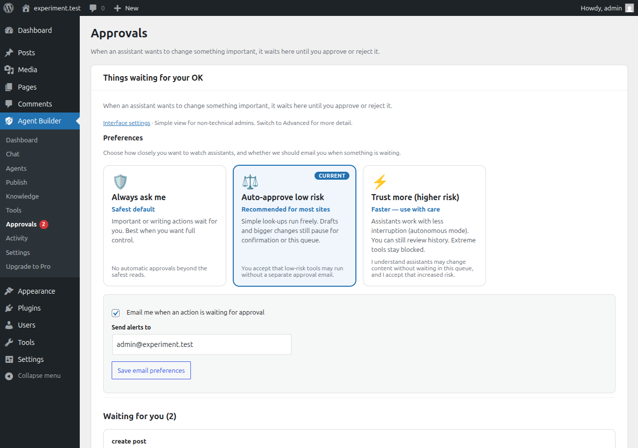 Agent Builder Approvals page with safety preferences and pending actions
