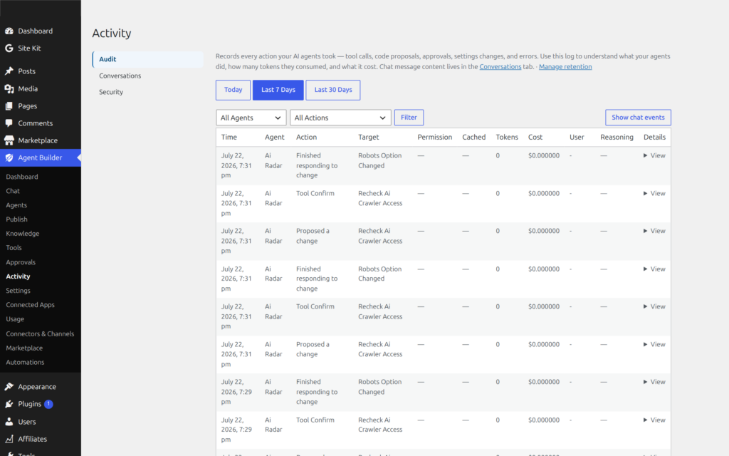 Agent Builder Activity log showing a history of all agent actions and events