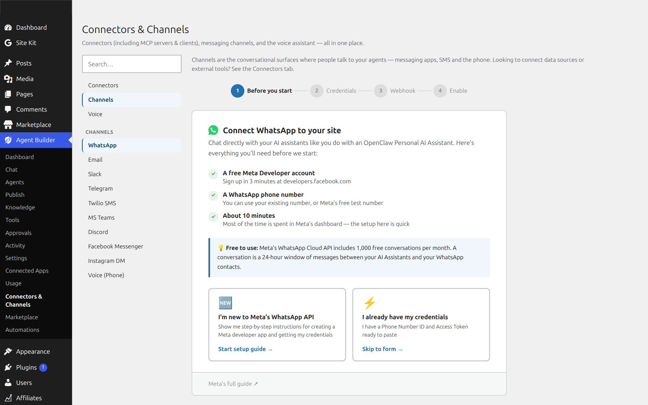 Agent Builder channels tab connecting agents to WhatsApp, Slack and email audiences