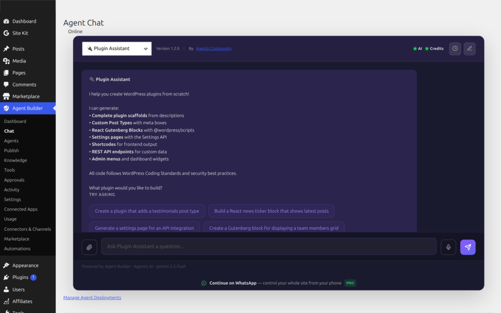 Agent chat input where slash commands are typed to control the assistant