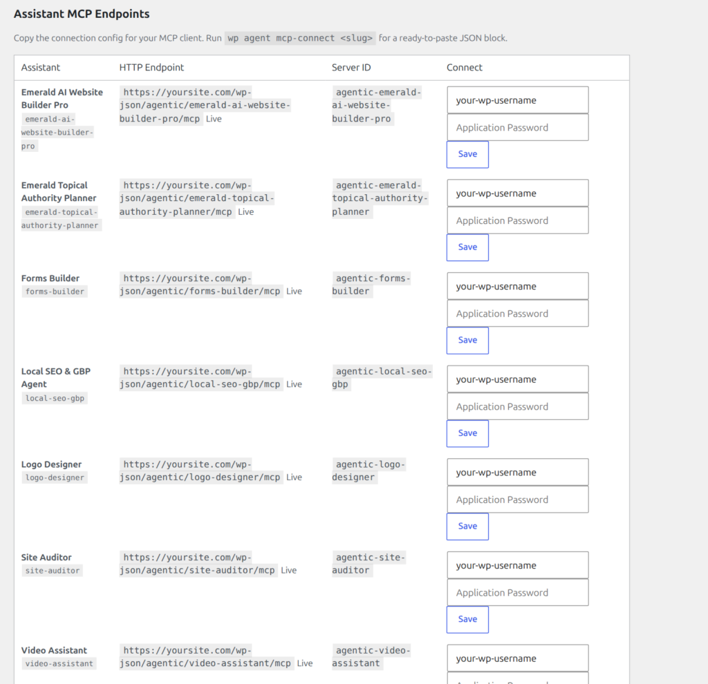 Assistant MCP Endpoints table showing per-assistant connection credentials and JSON config