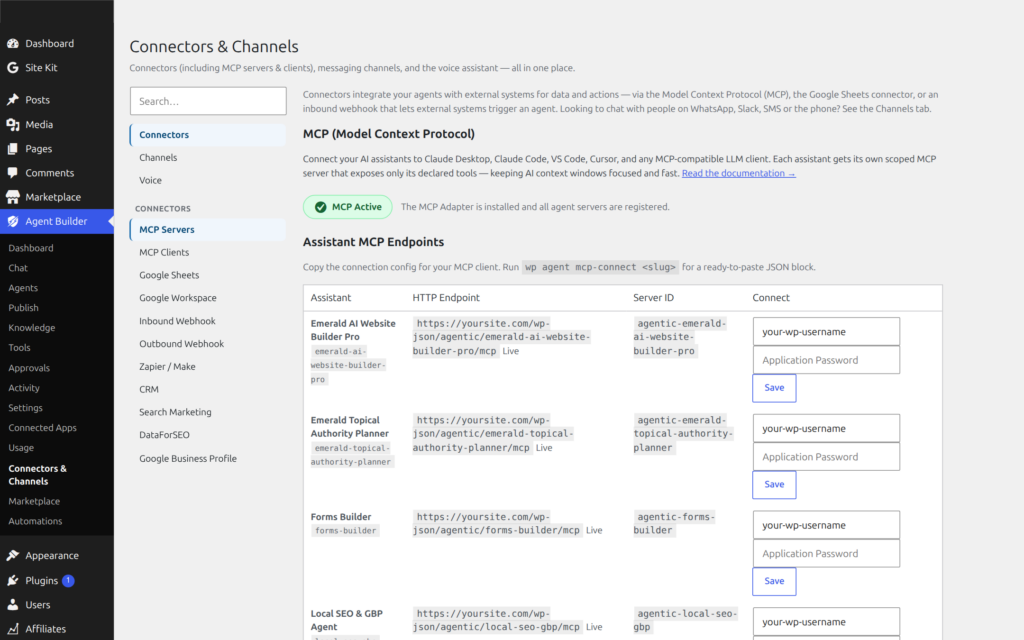 MCP Model Context Protocol setup section with install button and connection instructions