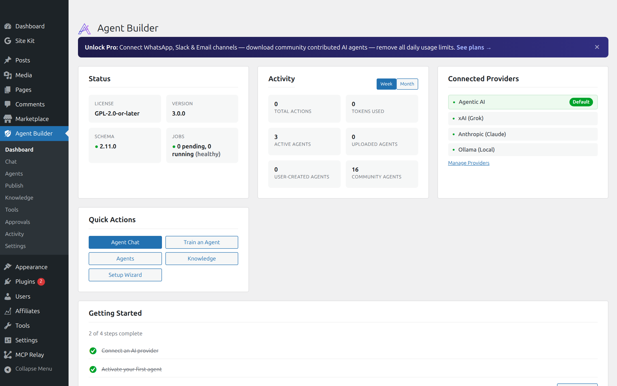 The Agent Builder dashboard in wp-admin showing agent status and quick actions