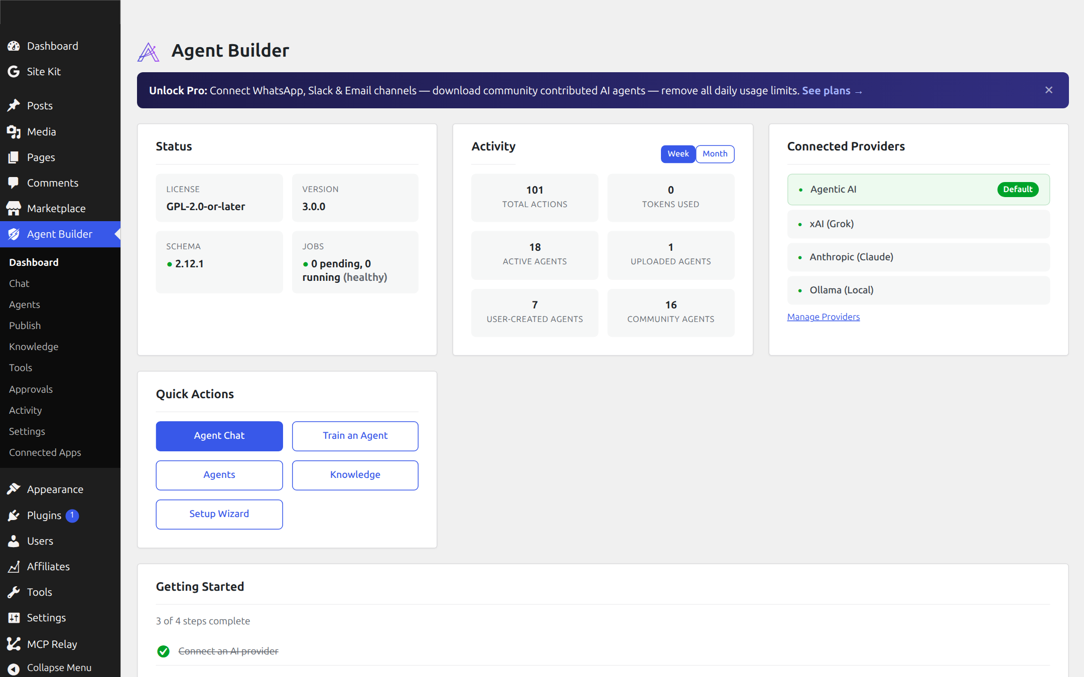 The Agent Builder dashboard in the WordPress admin, the home of AI for WordPress
