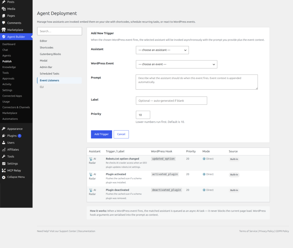 Agent Builder Publish screen showing event listener and shortcode configuration