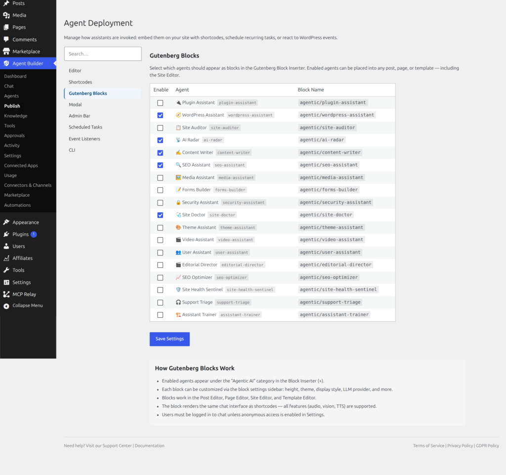 Publish — Gutenberg Blocks tab showing a list of agents with checkboxes to enable them as Gutenberg blocks