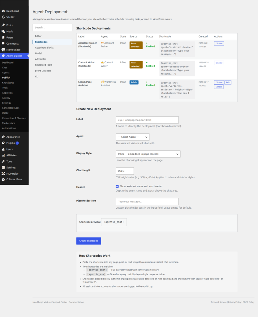Shortcode Appearance settings showing display style, chat height, and header options