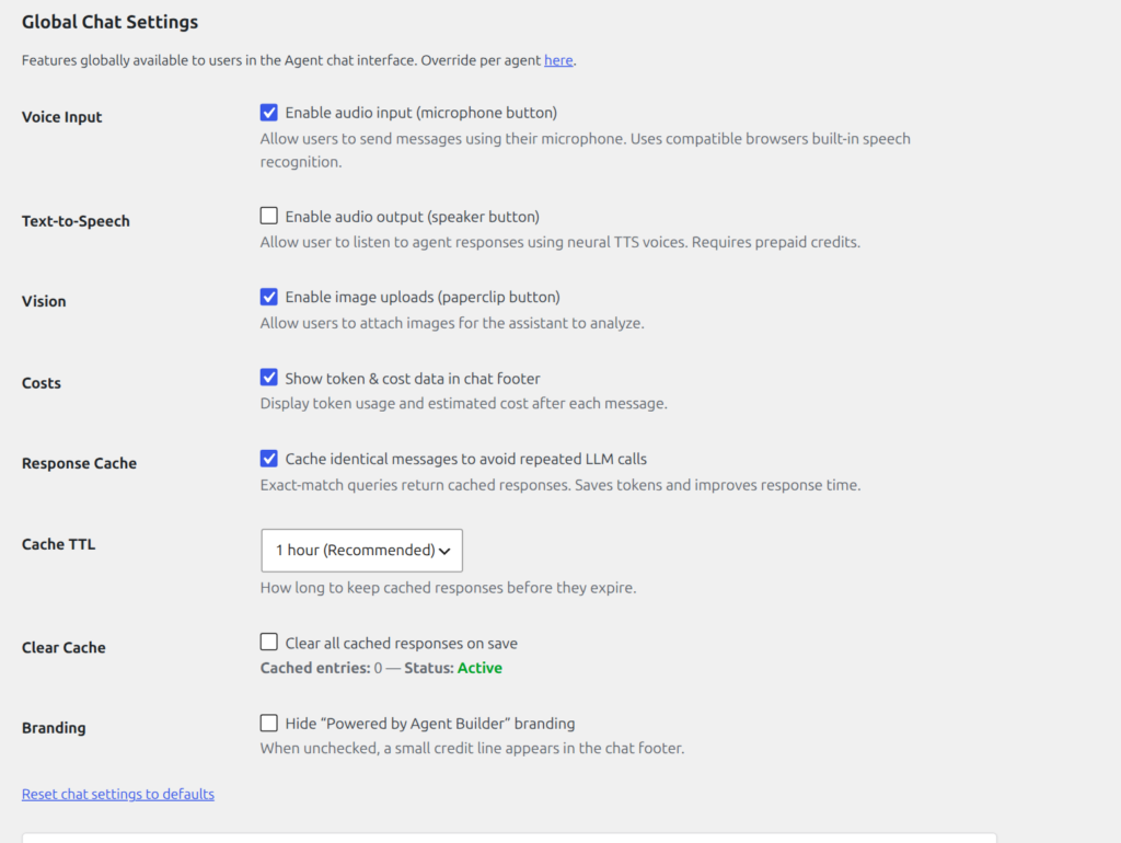 Global Chat Settings showing toggles for voice input, TTS, vision, costs, cache, and white-label